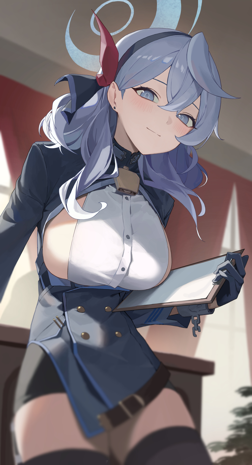 1girl, absurdres, ako_(blue_archive), bell, black_gloves, black_hairband, black_skirt, black_thighhighs