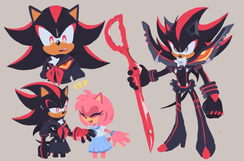 1boy, 1girl, amy_rose, animal_ears, closed_eyes, color_connection, commentary, cosplay