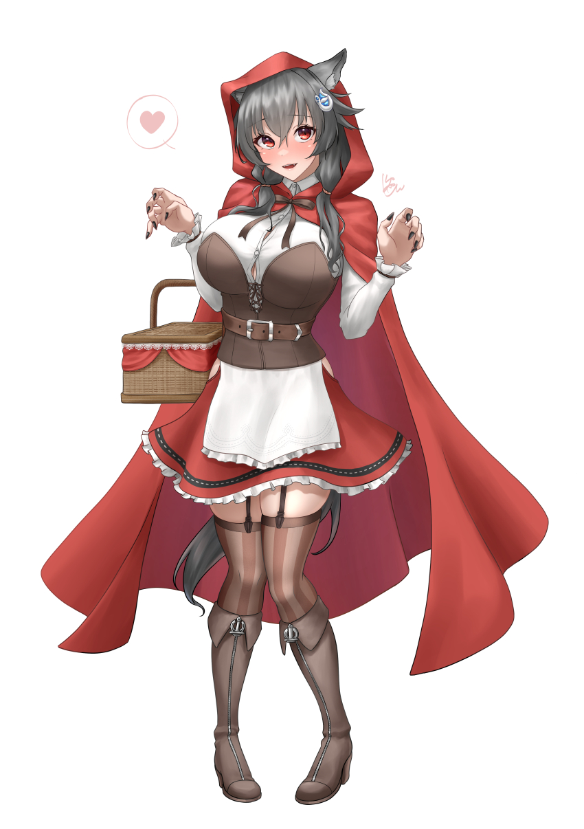 1girl, absurdres, animal_costume, animal_ears, basket, black_garter_straps, black_hair, boots