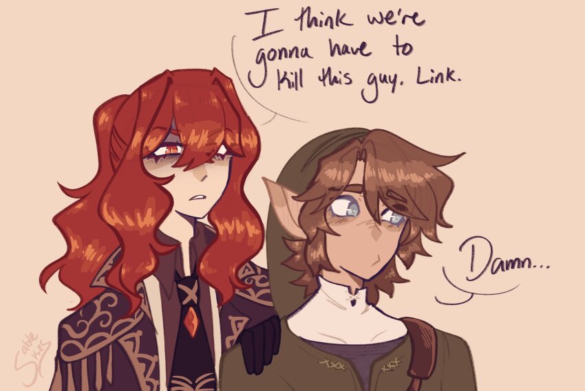 2boys, brown_hair, commentary, crossover, diluc_(genshin_impact), english_commentary, english_text, gem, genshin_impact, green_hat, grey_eyes, hair_over_one_eye, hand_on_another's_shoulder, hat, highres, i_think_we're_gonna_have_to_kill_this_guy_steven_(meme), link, long_hair, male_focus, meme, multiple_boys, nintendo, pointy_ears, ponytail, profanity, red_eyes, red_hair, sable_(sableskies), short_hair, simple_background, the_legend_of_zelda, yellow_background