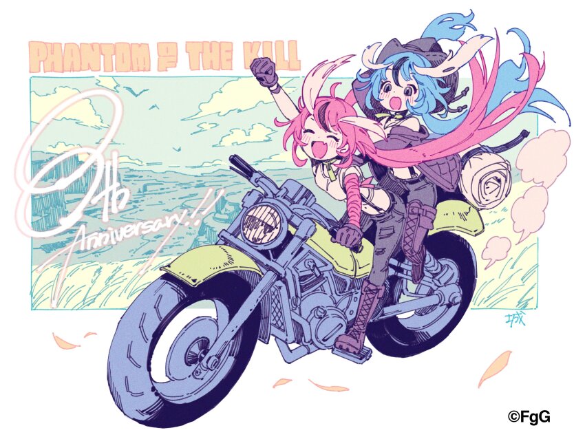 2girls, :d, absurdres, ahoge, anniversary, artist_name, bird, blue_hair