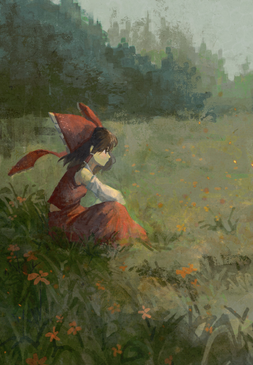 1girl, bow, brown_hair, detached_sleeves, from_side, ge_dazuo, grass, hair_bow