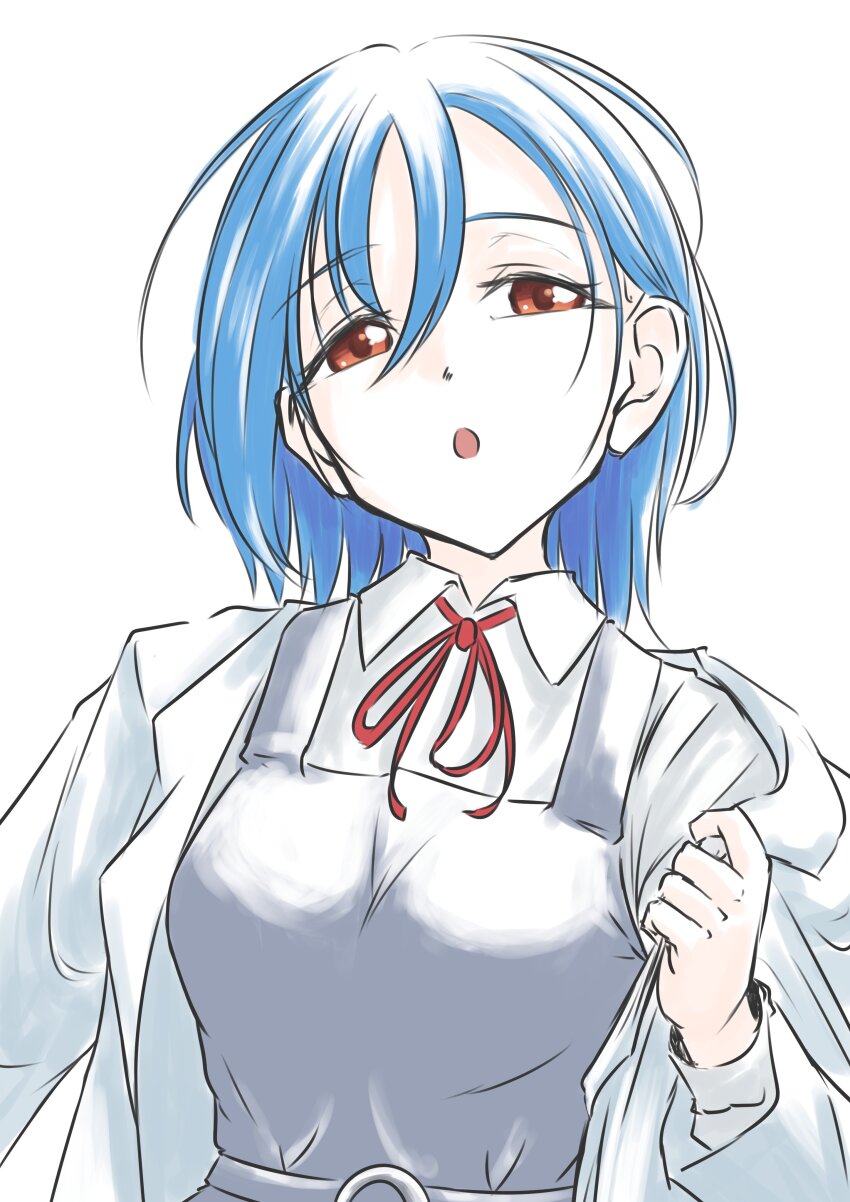 1girl, :o, absurdres, blue_hair, breasts, collared_shirt, commentary_request, crossed_bangs