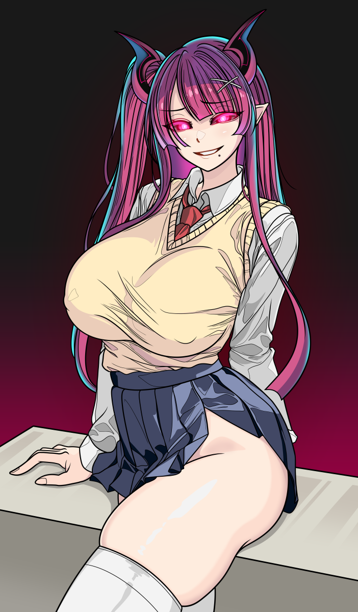 1girl, blue_skirt, breasts, collared_shirt, covered_erect_nipples, demon_girl, demon_horns, glowing