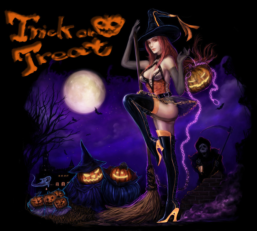 1girl, belt, boots, broom, chain, elbow_gloves, female_focus, full_moon, ghost, gloves, halloween, hat, high_heel_boots, high_heels, jack-o'-lantern, lace-up_boots, long_hair, moon, original, pumpkin, red_eyes, red_hair, scythe, shoes, skirt, solo, thigh_boots, thighhighs, tomoe_(artist), trick_or_treat, witch, witch_hat