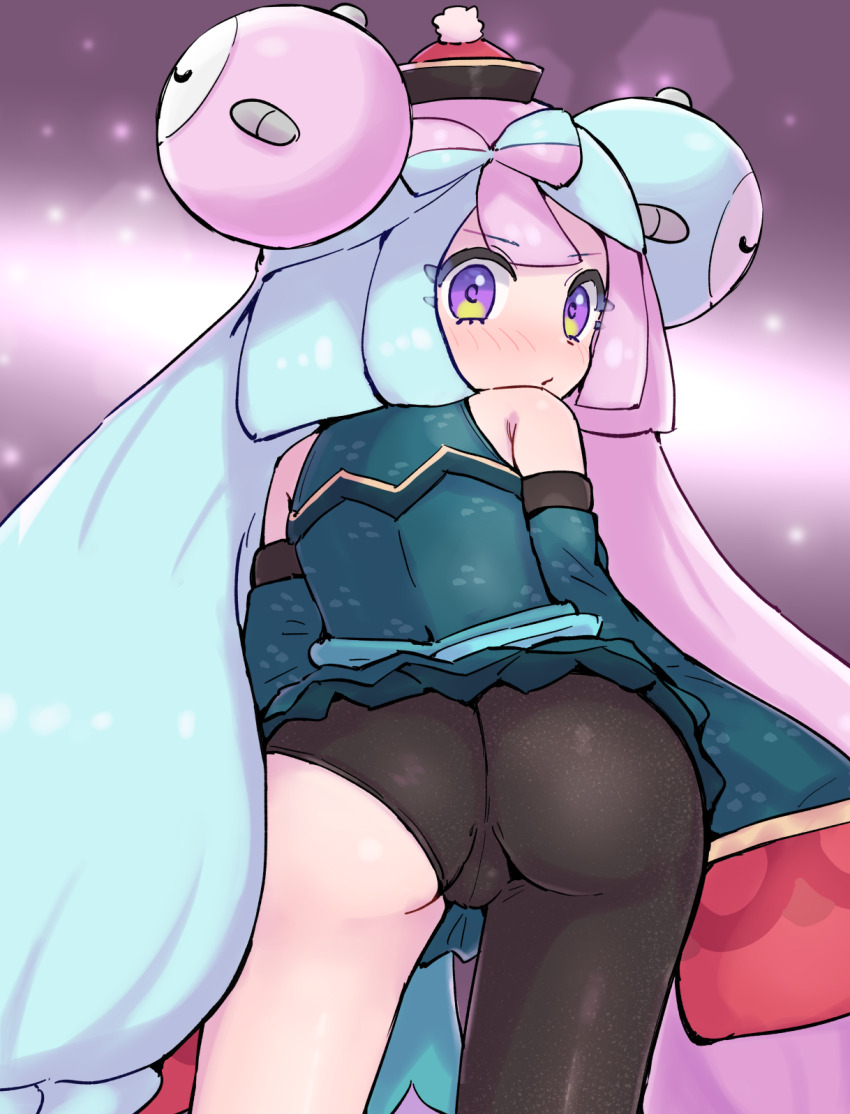 bow-shaped_hair, dress, green_dress, green_shrug, green_sleeves, highres, iono_(fall_2024)_(pokemon), iono_(pokemon), jiangshi_costume, kutabireta_neko, low-cut, multicolored_hair, nintendo, pokemon, pokemon_masters_ex, shrug_(clothing), single_leg_pantyhose, sleeves_past_fingers, sleeves_past_wrists, split-color_hair, two-tone_hair