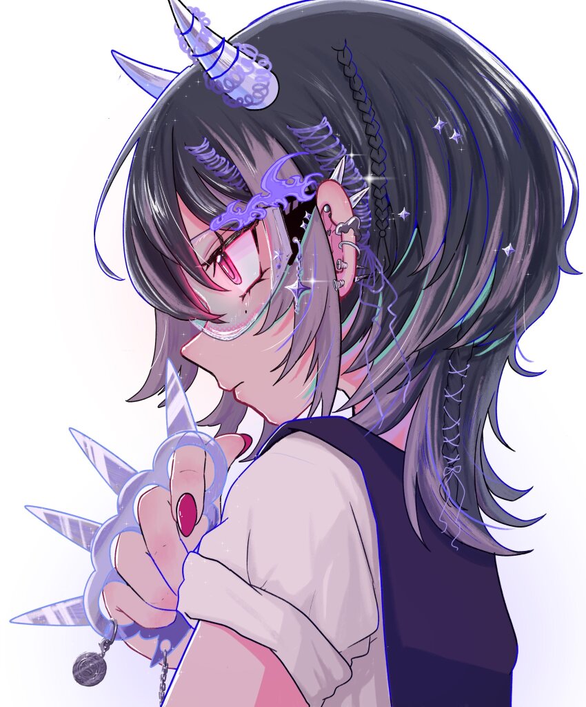 1girl, alternate_costume, black_hair, colored_inner_hair, demon, demon_horns, from_side, hair_ornament