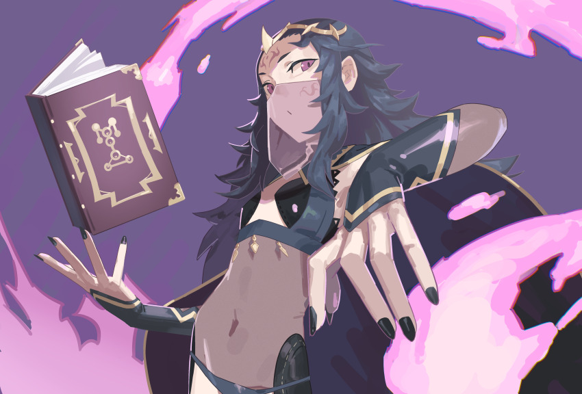 1girl, absurdres, black_bridal_gauntlets, black_hair, black_nails, blue_panties, bodystocking, book