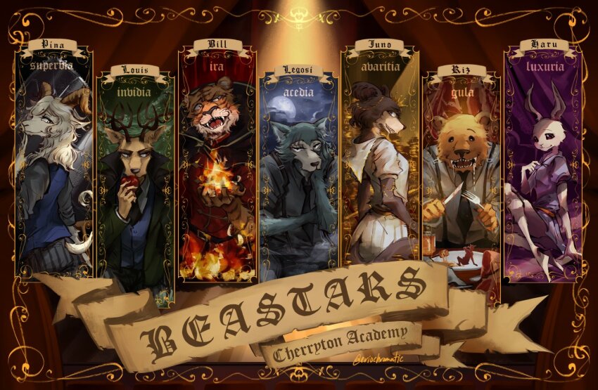 2girls, 5boys, animal_ears, antlers, bear_boy, bear_ears, beastars, bill_(beastars), character_name, commentary, copyright_name, deer_antlers, deer_boy, deer_ears, english_commentary, eriochromatic, furry, furry_female, furry_male, goat_boy, goat_ears, goat_horns, haru_(beastars), horns, juno_(beastars), legoshi, looking_at_viewer, louis_(beastars), multiple_boys, multiple_girls, pina_(beastars), rabbit_ears, rabbit_girl, riz_(beastars), seven_deadly_sins, tiger_boy, tiger_ears, tiger_stripes, twitter_username, wolf_boy, wolf_ears