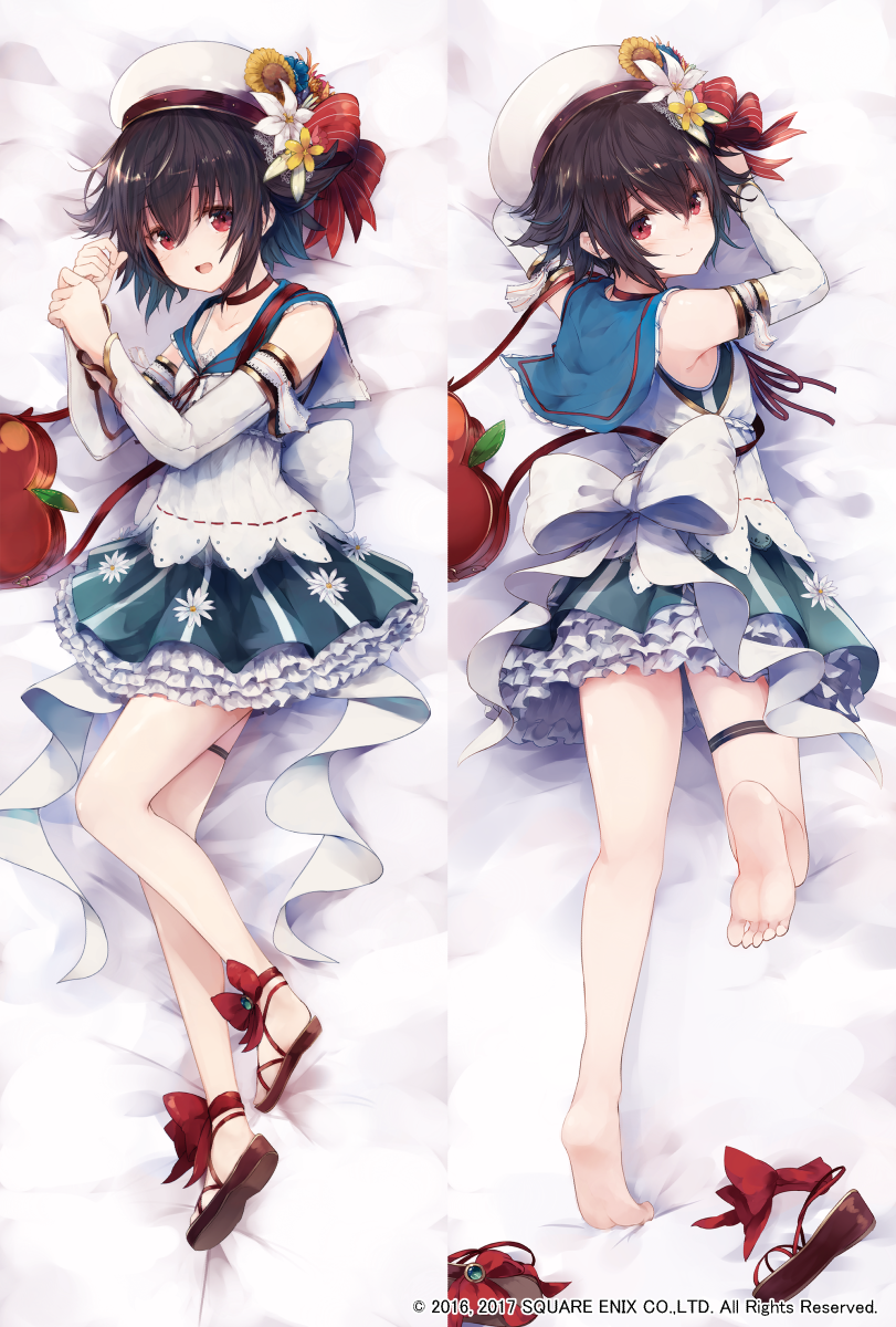 1girl, back, barefoot, bed, black_hair, blue_sailor_collar, copyright_notice, dakimakura_(medium), detached_sleeves, grimms_notes, highres, lying, makihitsuji, official_art, open_mouth, red_eyes, red_ribbon, ribbon, sailor_collar, sandals, skirt, smile, snow_white_(grimms_notes), snow_white_(summer)_(grimms_notes), solo, swimsuit, white_ribbon