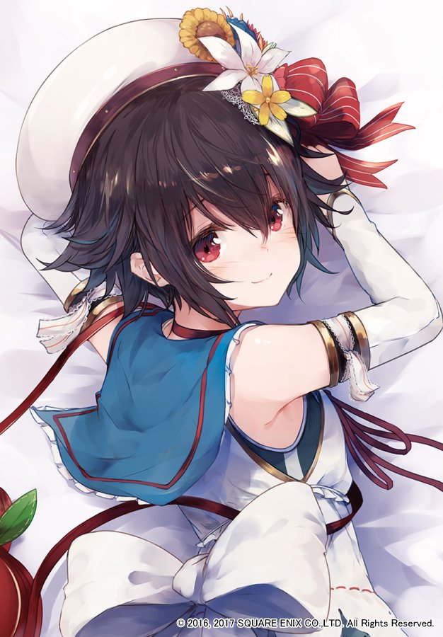 1girl, back, bed, black_hair, blue_sailor_collar, close-up, copyright_notice, dakimakura_(medium), detached_sleeves, grimms_notes, hat, lying, makihitsuji, official_art, open_mouth, red_eyes, red_ribbon, ribbon, sailor_collar, smile, snow_white_(grimms_notes), snow_white_(summer)_(grimms_notes), solo, swimsuit, white_hat, white_ribbon