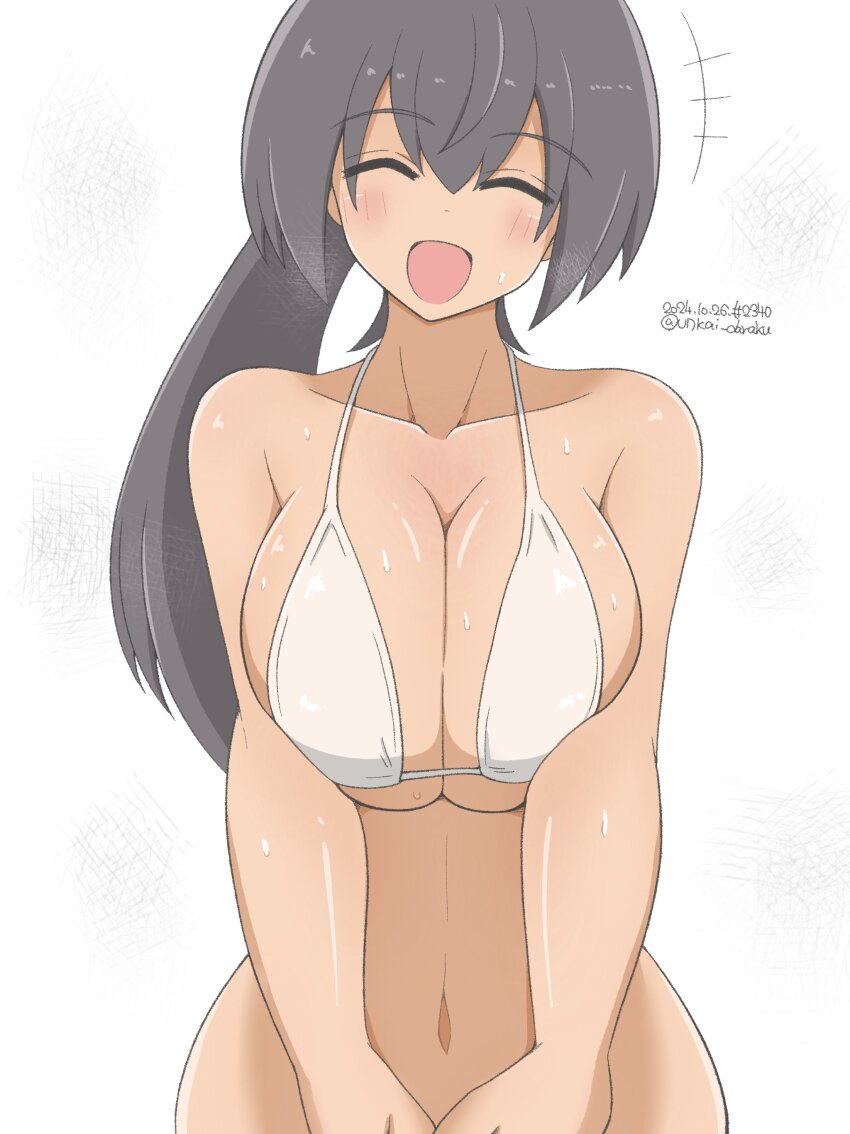 1girl, absurdres, bikini, black_hair, blush, breasts, cleavage, closed_eyes