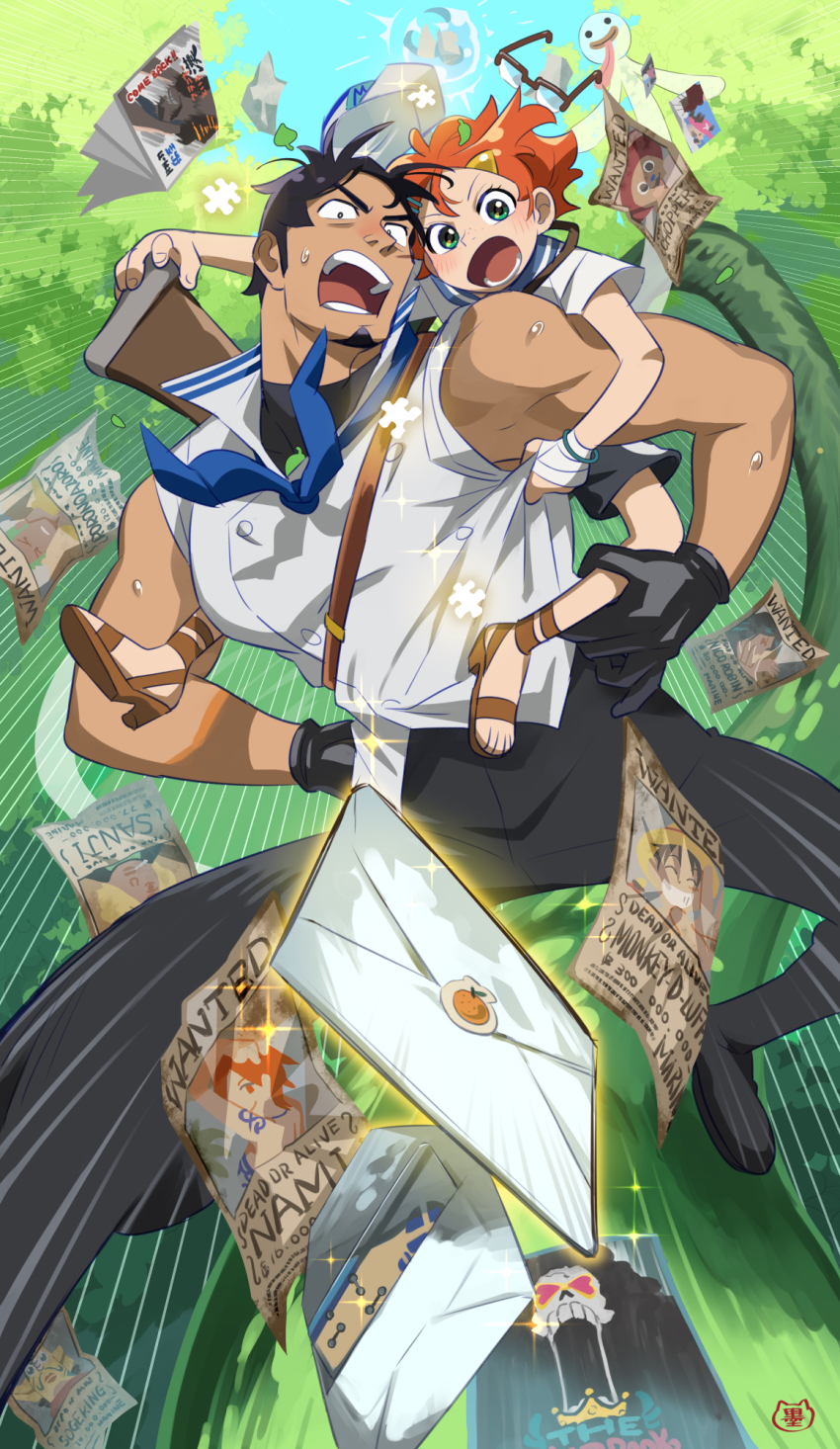 1boy, 1girl, baseball_cap, black_hair, carrying, commentary_request, day, facial_hair, foliage, gloves, goatee, green_eyes, greengrocer's_elder_son, gun, gun_on_back, hat, highres, letter, marine_uniform_(one_piece), muscular, muscular_male, nami's_fangirl, one_piece, one_piece_fan_letter, open_mouth, orange_hair, piggyback, sandals, short_hair, sogeking, sumi_wo_hakuneko, tan, tree, unworn_hat, unworn_headwear, usopp, weapon, weapon_on_back