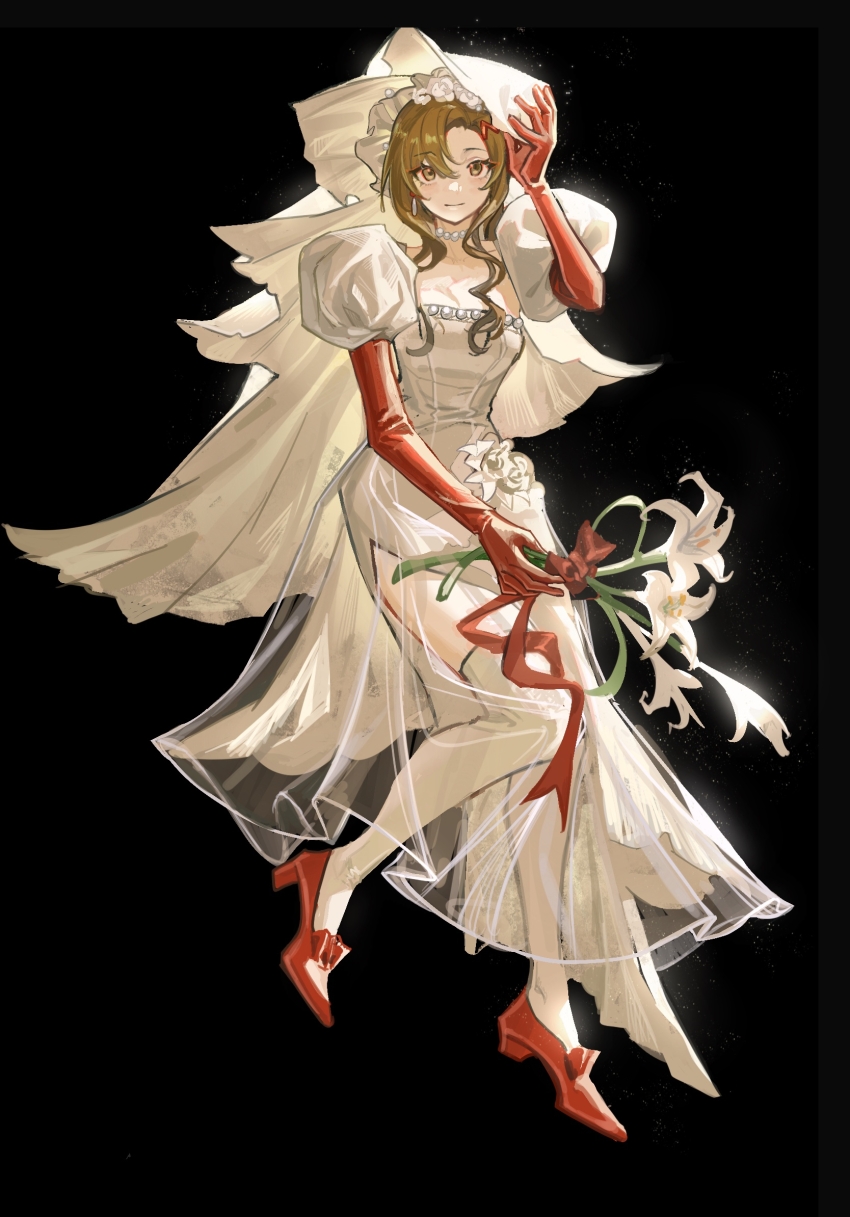 adjusting_clothes, adjusting_headwear, black_background, brown_eyes, brown_hair, dress, elbow_gloves, flower