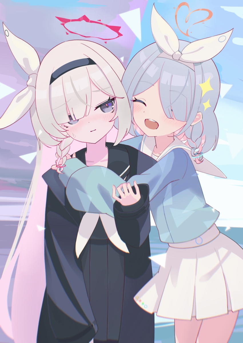 2girls, absurdres, arona_(blue_archive), black_coat, black_hairband, black_serafuku, black_skirt, blue_archive, blue_hair, blue_shirt, blush, bow, bow_hairband, braid, closed_eyes, closed_mouth, coat, grey_eyes, grey_hair, hairband, halo, heart, heart_halo, highres, long_hair, long_sleeves, looking_at_another, multiple_girls, nobu-k, open_mouth, pink_halo, plana_(blue_archive), red_halo, sailor_collar, school_uniform, serafuku, shirt, single_braid, skirt, sweatdrop, teeth, upper_teeth_only, white_bow, white_hairband, white_sailor_collar, white_skirt