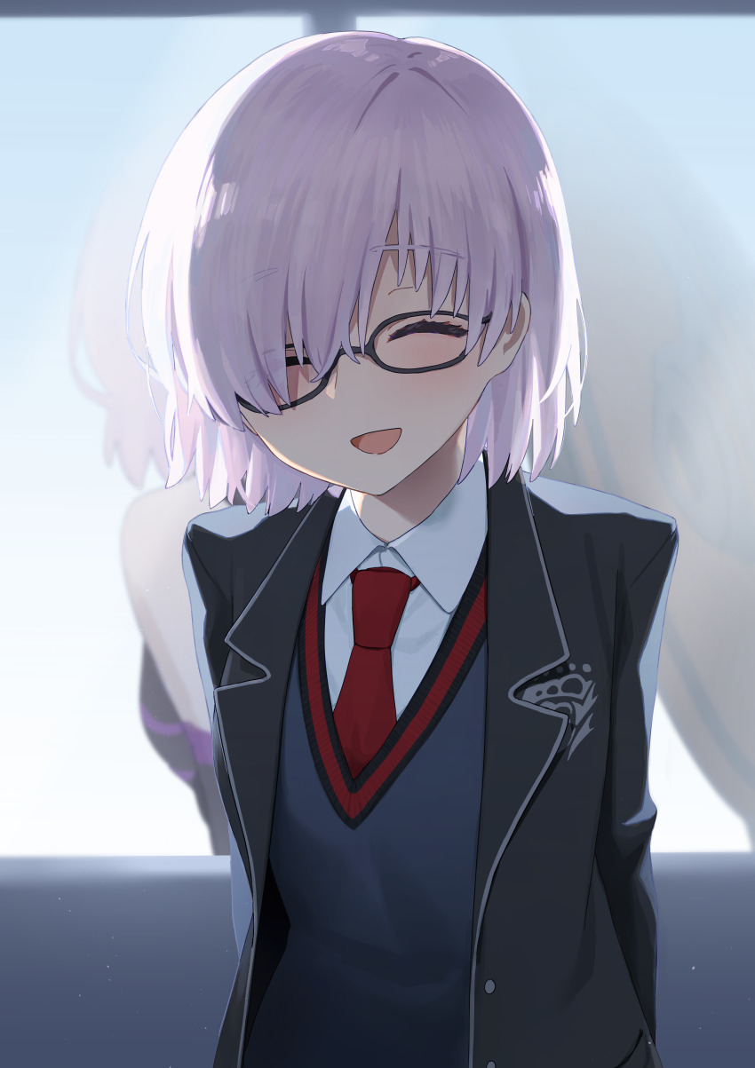 1girl, absurdres, arms_behind_back, black-framed_eyewear, black_jacket, black_vest, closed_eyes, collared_shirt