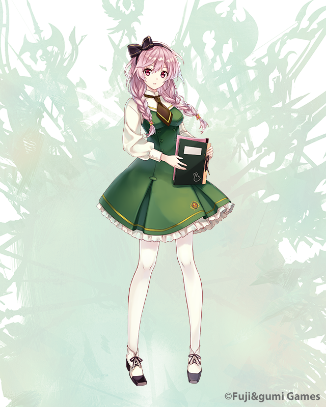 1girl, arondight_(phantom_of_the_kill), bow_hairband, braid, copyright_notice, dress, full_body, green_background