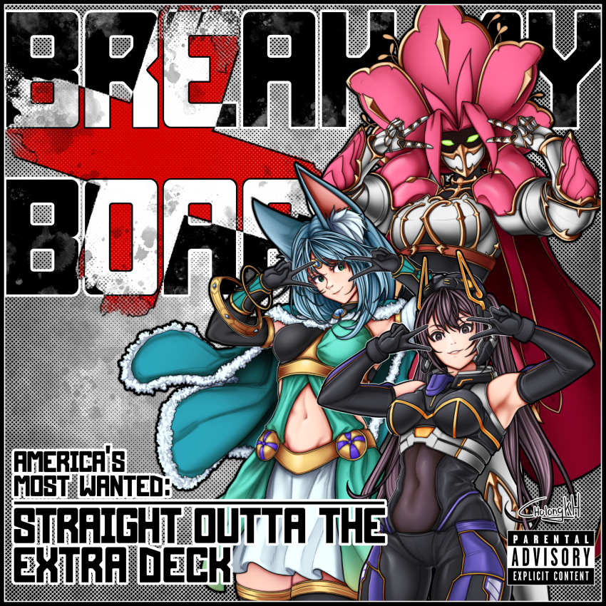 3girls, absurdres, album_cover, animal_ears, apollousa_bow_of_the_goddess, armor, armpits, artist_name