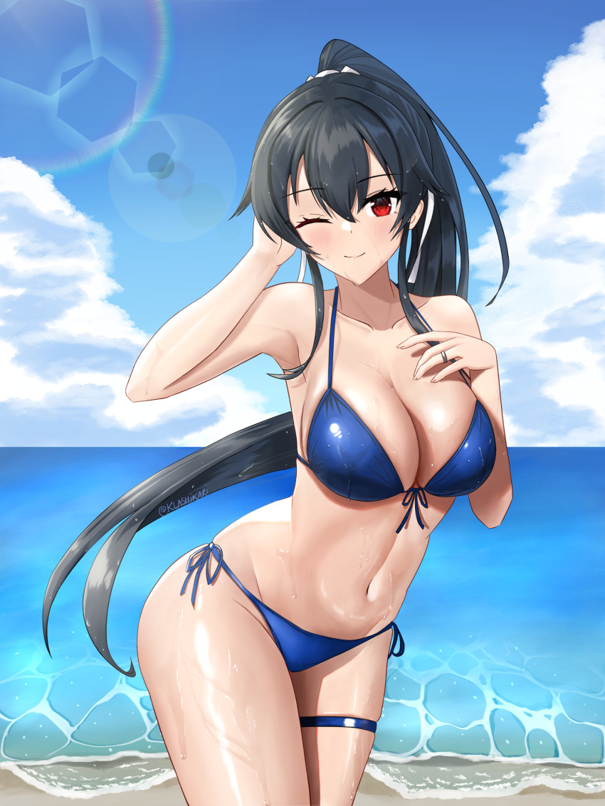 1girl, beach, bikini, black_hair, blue_bikini, blue_sky, breasts, cloud