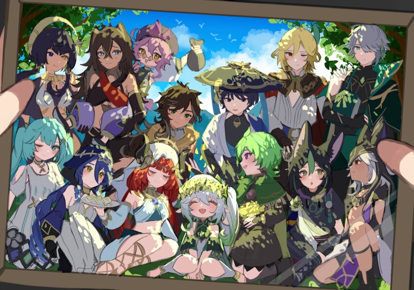 6+boys, 6+girls, absurdres, akademiya_uniform, alhaitham_(genshin_impact), ancient_egyptian_clothes, animal_ear_fluff, animal_ears