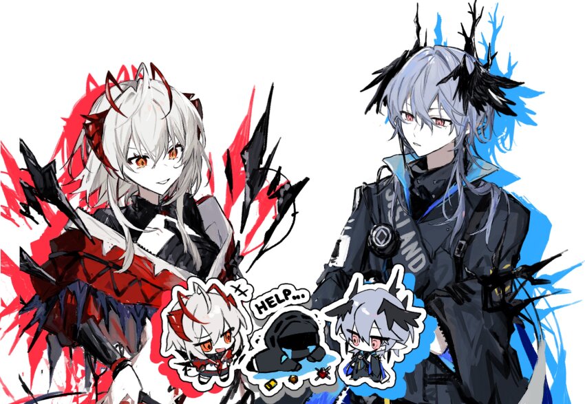 +++, 1boy, 1girl, 1other, antenna_hair, arknights, black_jacket, black_shrug