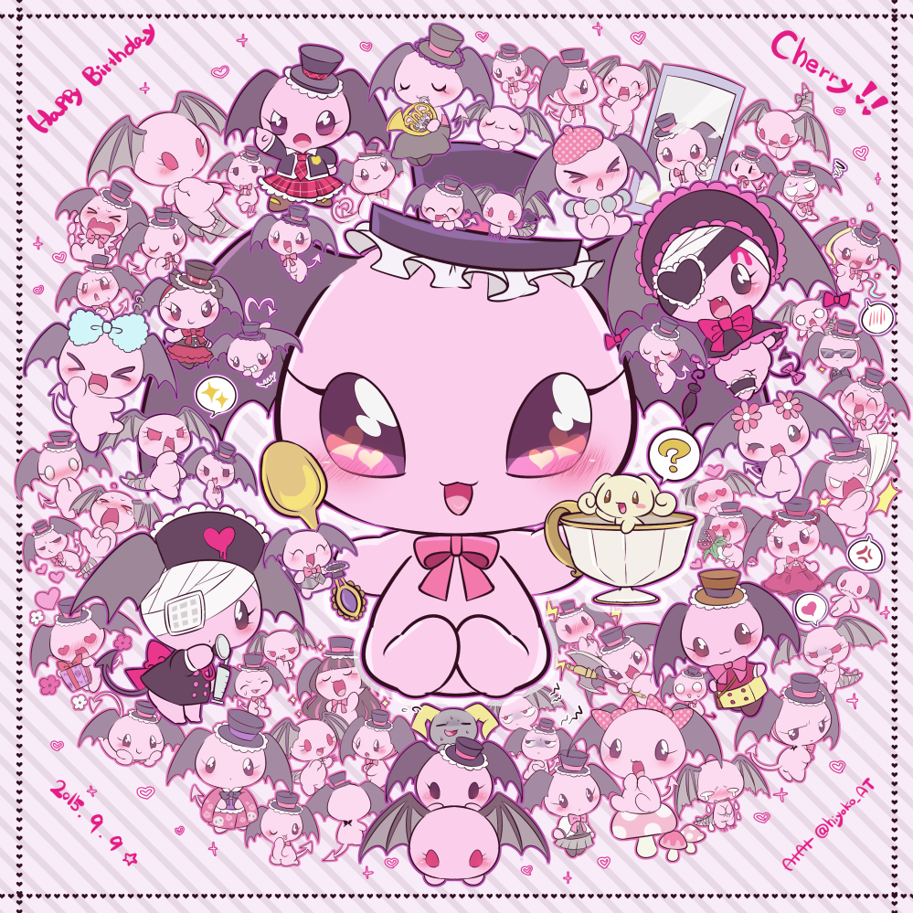 1boy, 2015, 6+girls, :3, ?, alternate_costume, berry_(sanrio), cherry_(sanrio)