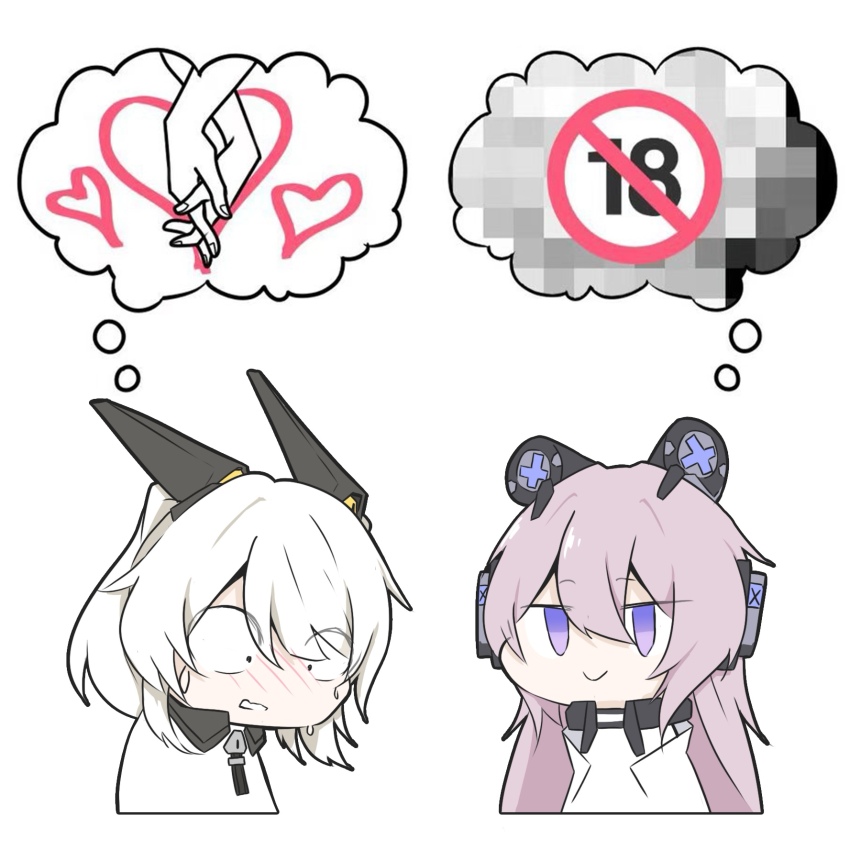 2girls, animal_ears, another_ship_dynamic_i_enjoy_(meme), bear_ears, blush, censored, coat, fake_animal_ears, fei_xun_jia_jia_yu, headgear, headphones, highres, holding_hands, karenina:_scire_(pgr), karenina_(pgr), long_hair, meme, mosaic_censoring, multicolored_eyes, multiple_girls, pink_eyes, pink_hair, punishing:_gray_raven, purple_eyes, rabbit_ears, speech_bubble, sweatdrop, teddy:_decryptor_(pgr), teddy_(pgr), thought_bubble, twintails, two-tone_eyes, white_coat, white_hair