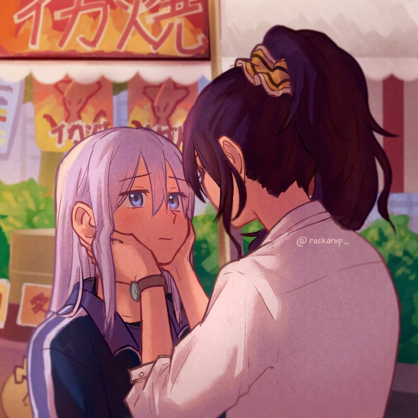 2girls, asahina_mafuyu, blue_eyes, blue_jacket, blush, closed_mouth, grey_hair, hair_between_eyes