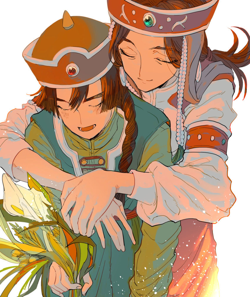 1boy, 1girl, baryaama, blunt_bangs, blunt_sidelocks, braid, closed_eyes, closed_mouth