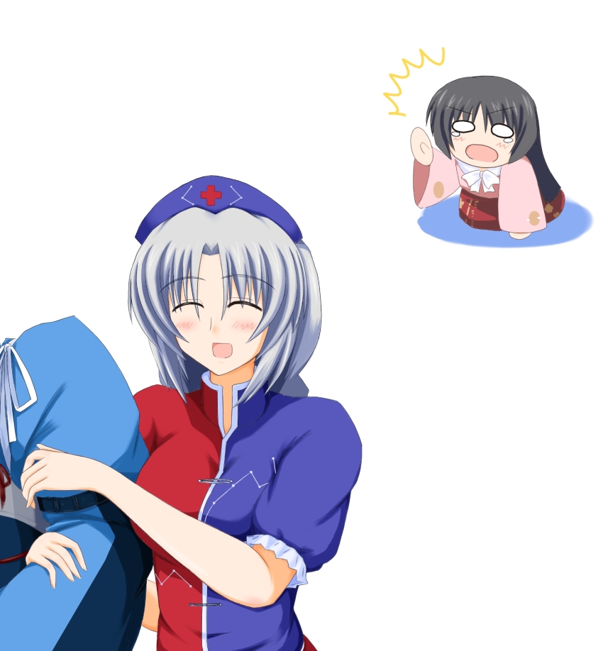 2girls, arm_grab, black_hair, bow, bowtie, chibi, cross, closed_eyes