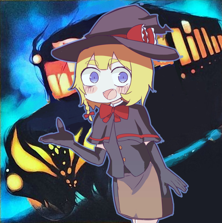 1girl, apron, black_capelet, black_gloves, black_skirt, black_vest, blonde_hair, blue_eyes