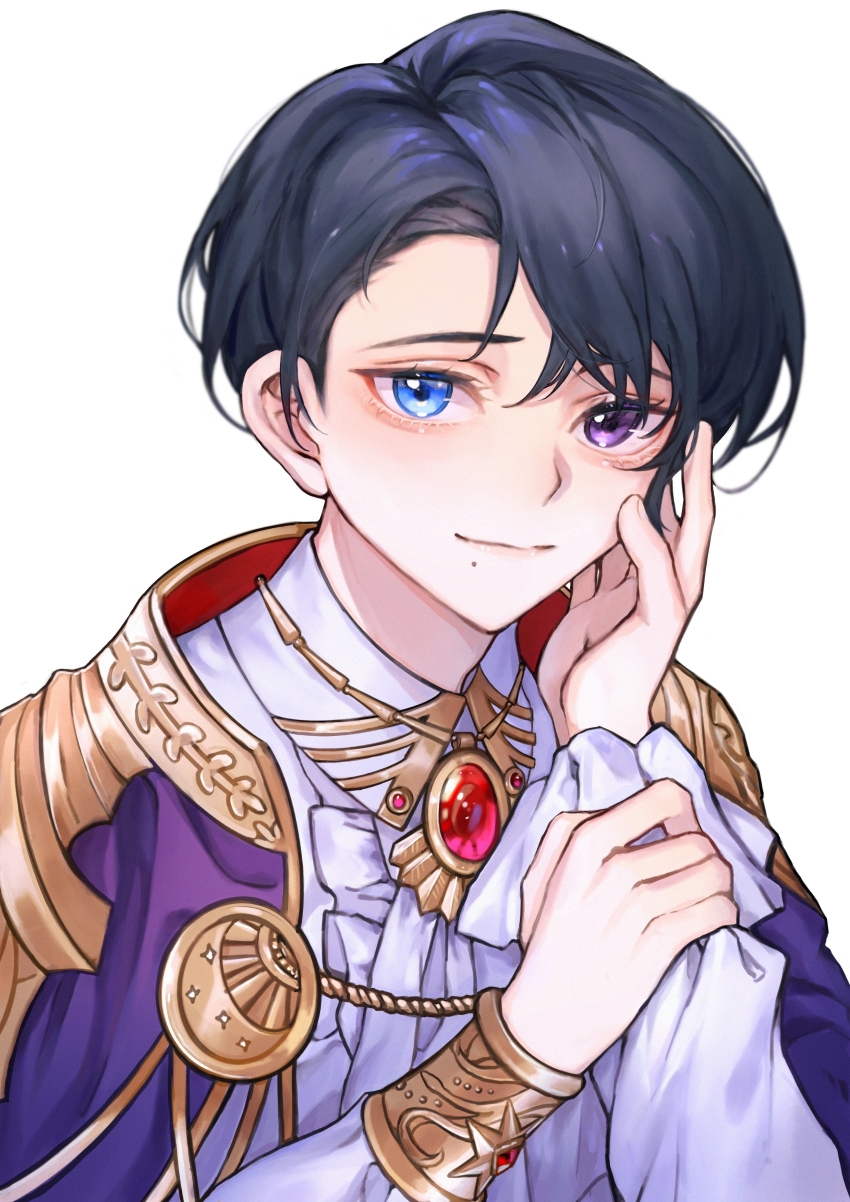 1boy, absurdres, adrian_aselva_hubrlgy, black_hair, blue_eyes, brooch, cape, chinese_commentary