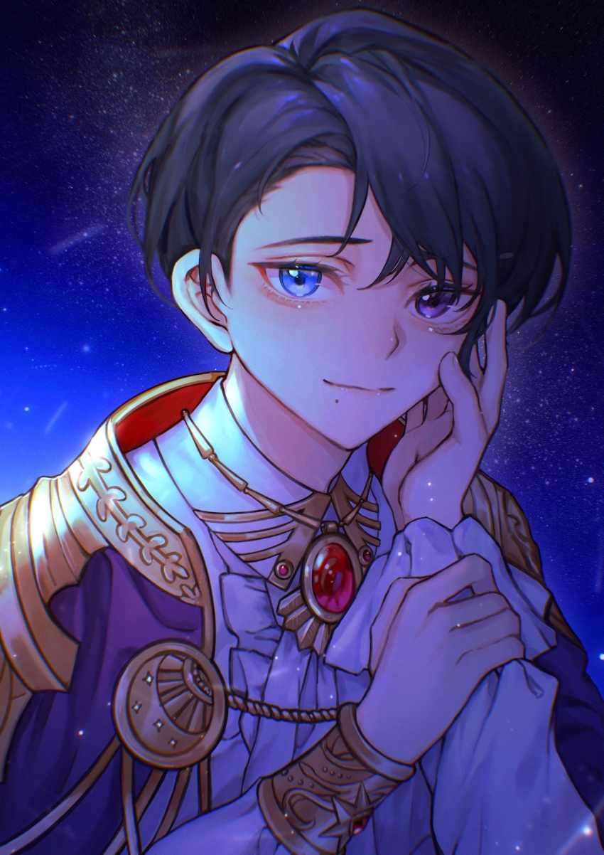 1boy, absurdres, adrian_aselva_hubrlgy, black_hair, blue_eyes, brooch, cape, chinese_commentary