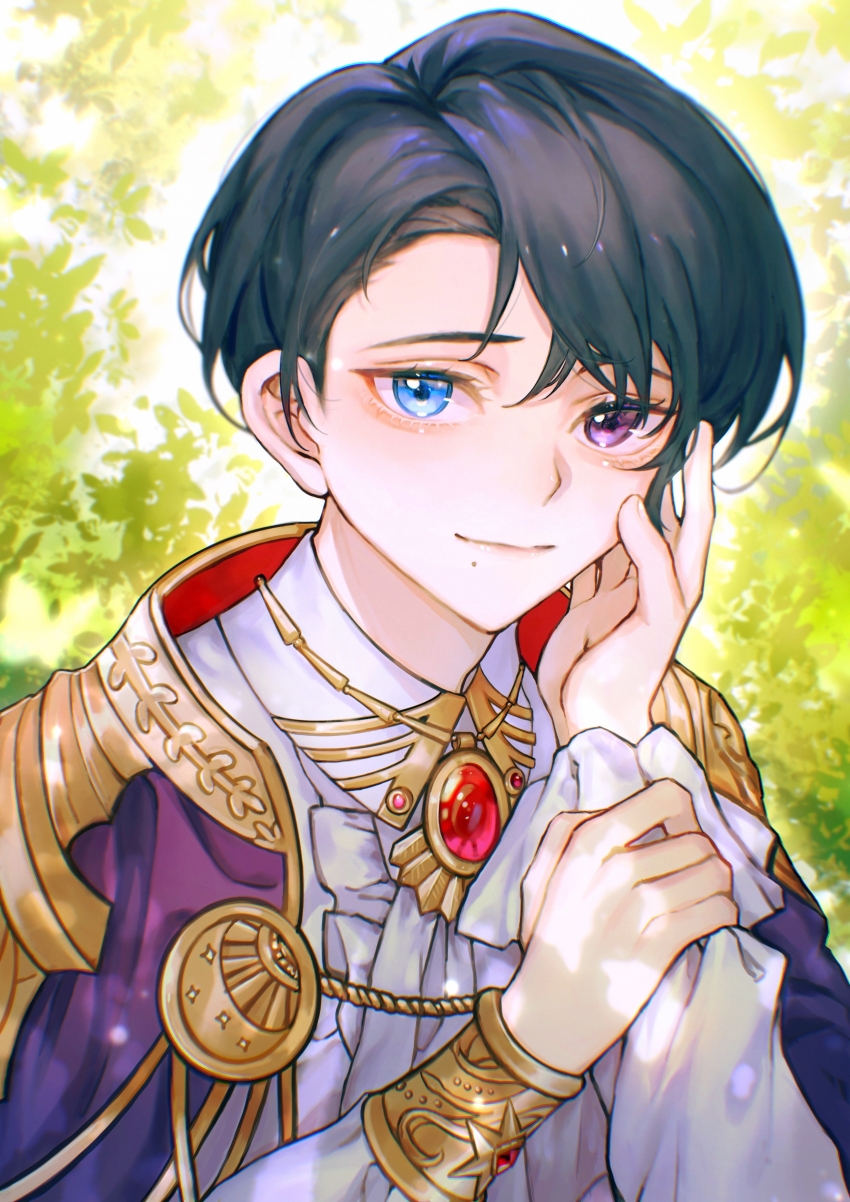 1boy, absurdres, adrian_aselva_hubrlgy, black_hair, blue_eyes, brooch, cape, chinese_commentary