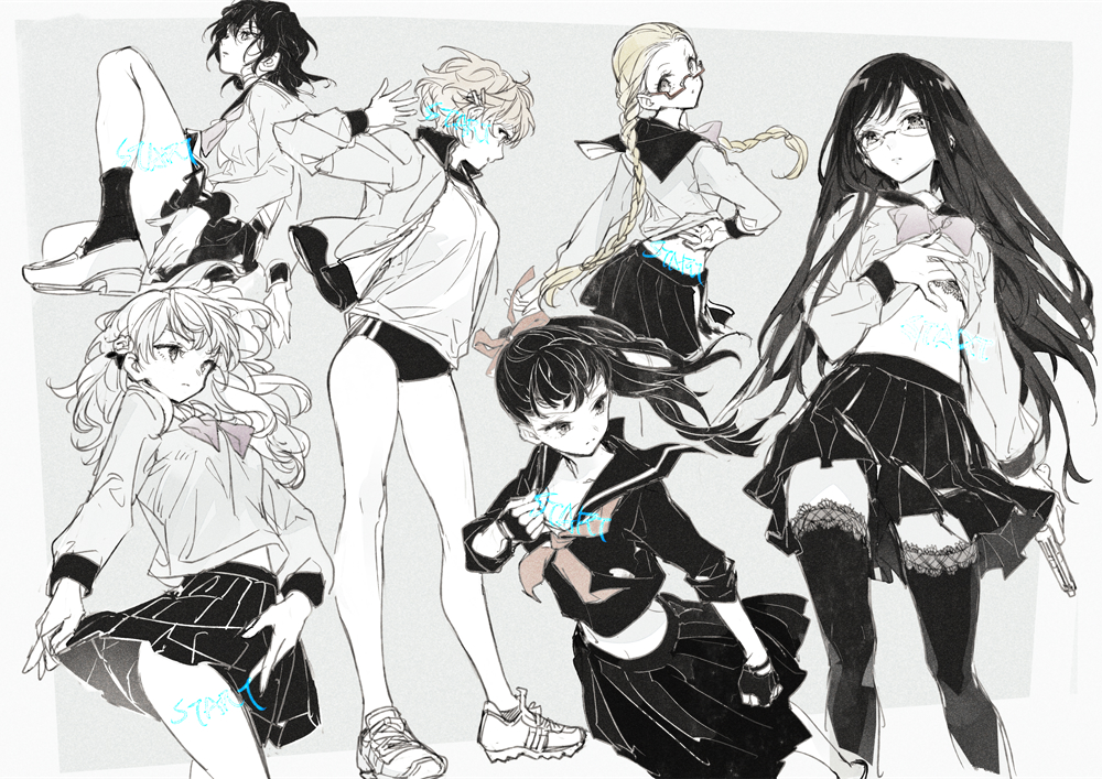 6+girls, bandaged_head, bandages, black_hair, black_serafuku, black_skirt, blonde_hair, braid