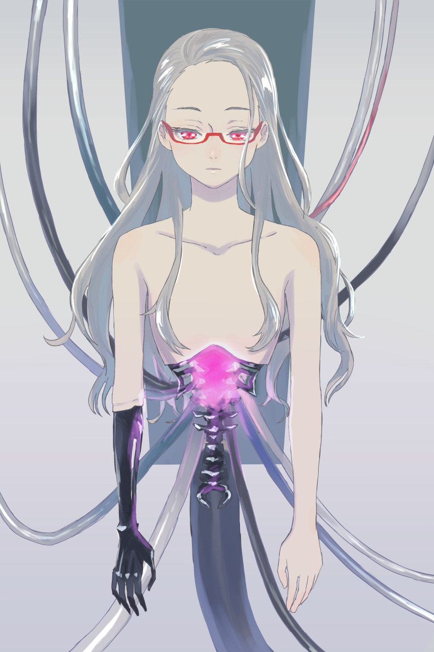 absurdres, amputee, android, cable, collarbone, glowing, highres, inaba_miyuki, joints, juusan_kihei_bouei_ken, kuromu_(kaeru), mechabare, mechanical_arms, mechanical_spine, red_eyes, robot, robot_girl, robot_joints, science_fiction, see-through_body, single_mechanical_arm, spine, spoilers, subdermal_port, topless_female, white_hair, wire