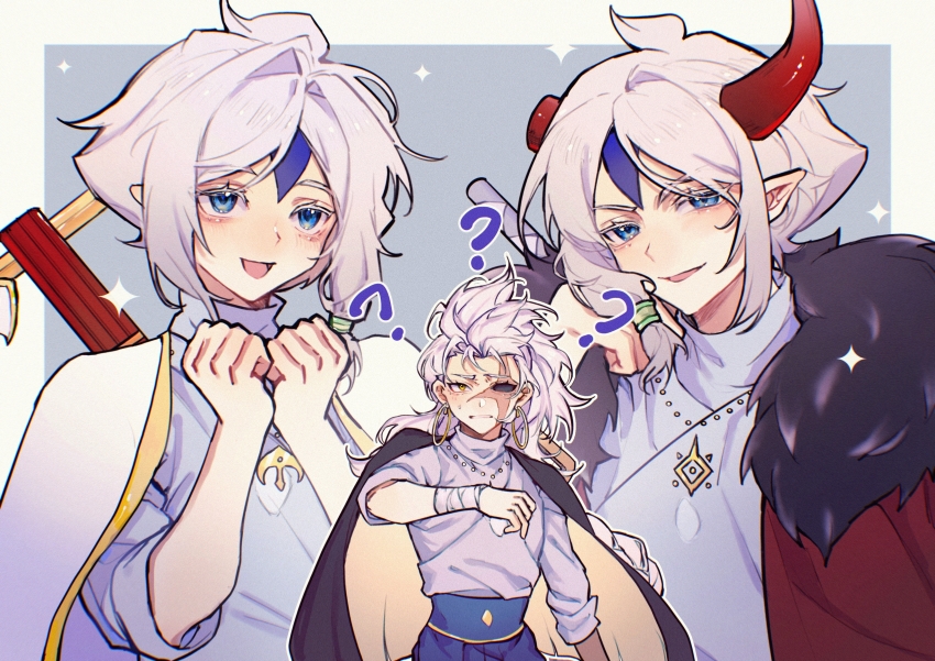 3boys, ?, ??, absurdres, bandaged_wrist, bandages, black_cape, blue_eyes