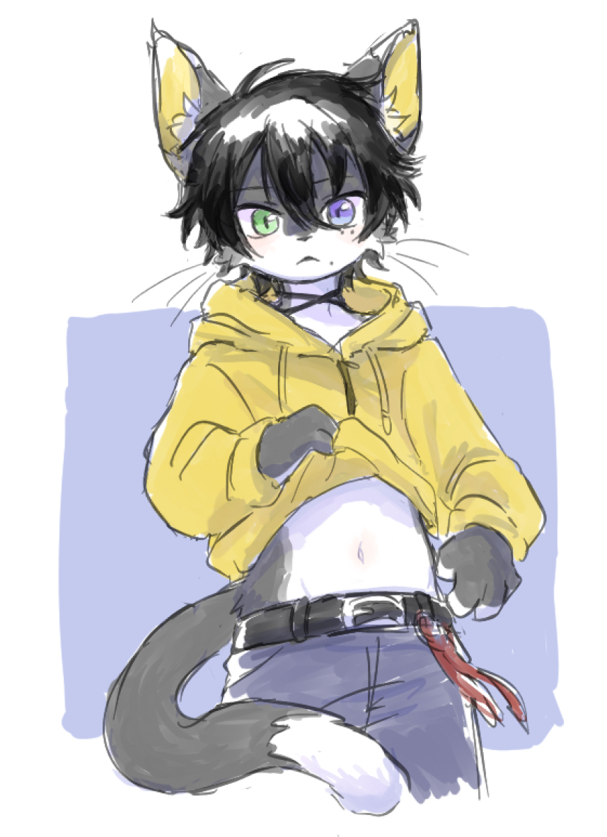 1boy, :<, animal_ears, belt, black_hair, blue_eyes, cat_ears, cat_tail, choker, clothes_lift, cropped_legs, denim, furrification, furry, furry_male, green_eyes, grey_fur, hair_between_eyes, heterochromia, hood, hoodie, hypnosis_mic, jeans, light_blush, looking_at_viewer, male_focus, messy_hair, mole, mole_under_eye, mole_under_mouth, multiple_moles, navel, pants, shirt_lift, short_hair, slit_pupils, suke8364, tail, whiskers, white_background, white_fur, yamada_saburo, yellow_hoodie