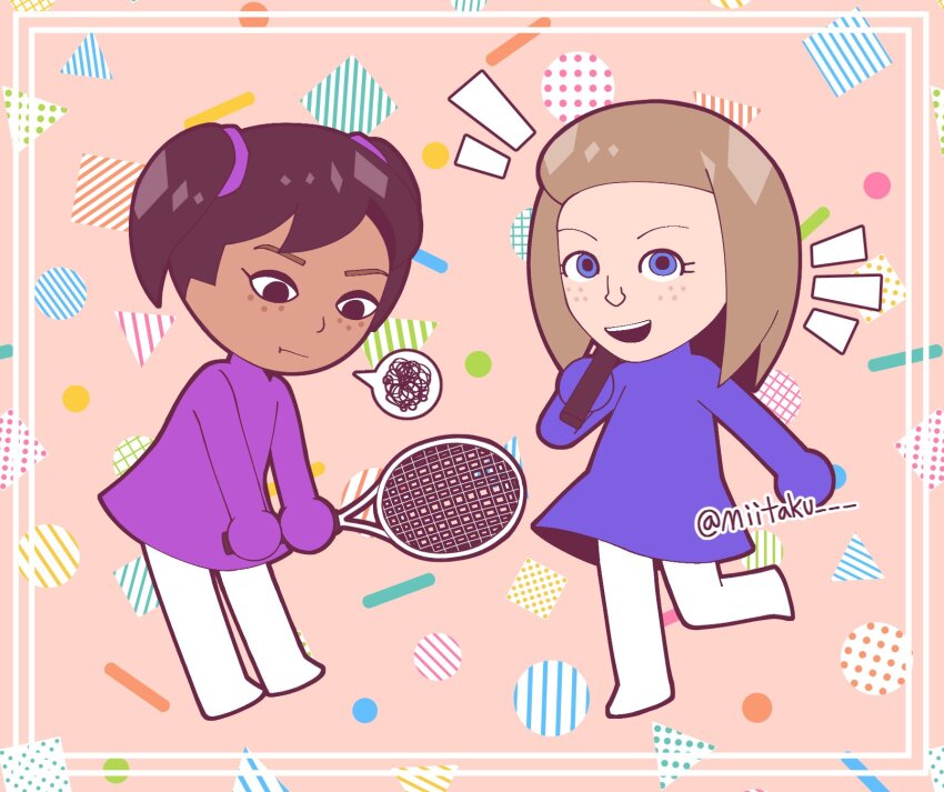 2girls, abby_(mii), black_hair, blue_dress, blue_eyes, brown_hair, chibi, dark-skinned_female, dark_skin, dress, freckles, happy, highres, mii_(nintendo), miitaku, miyu_(mii), multiple_girls, nintendo, open_mouth, pantyhose, purple_dress, racket, short_hair, smile, spoken_squiggle, squiggle, tennis_racket, twintails, twitter_username, wii_sports