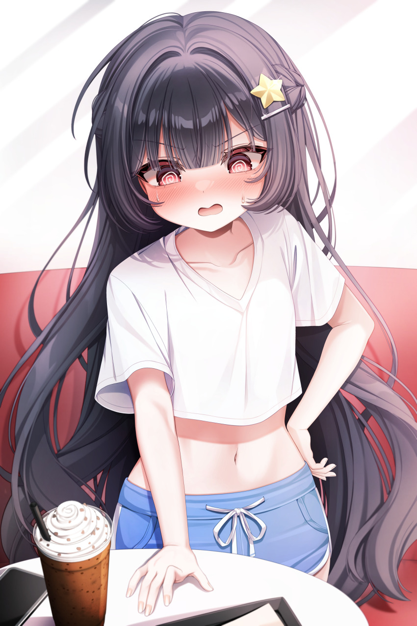 1girl, @_@, absurdres, black_hair, blue_shorts, blush, commission, dasom