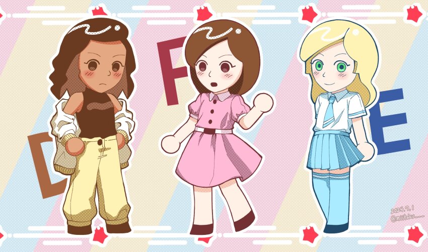 3girls, animification, black_footwear, black_hair, blonde_hair, blue_necktie, blue_skirt, blush