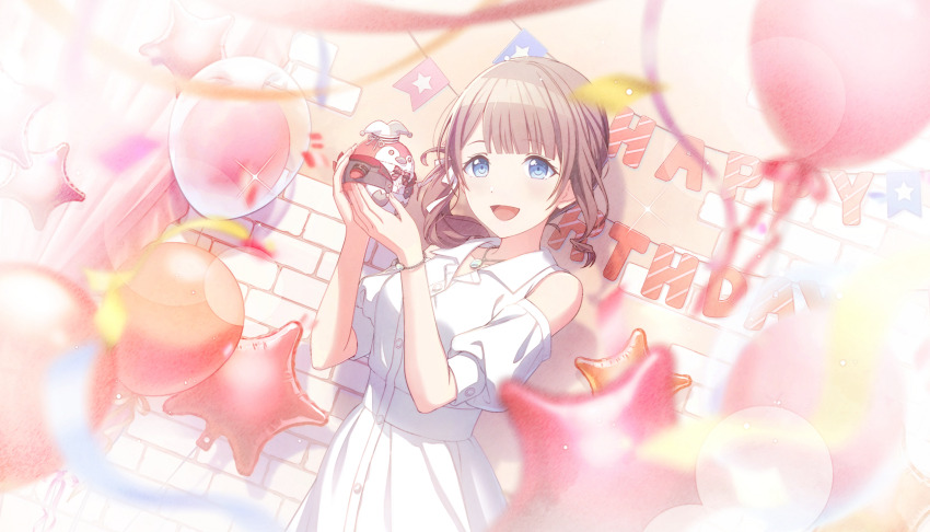 1girl, against_wall, aqua_gem, arm_belt, balloon, banner, bare_shoulders, belt