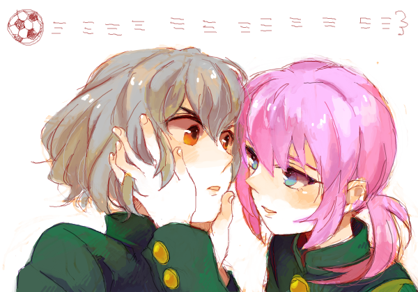 2boys, blue_eyes, blush, brown_eyes, grey_hair, honey-hopi, inazuma_eleven, inazuma_eleven_(series)