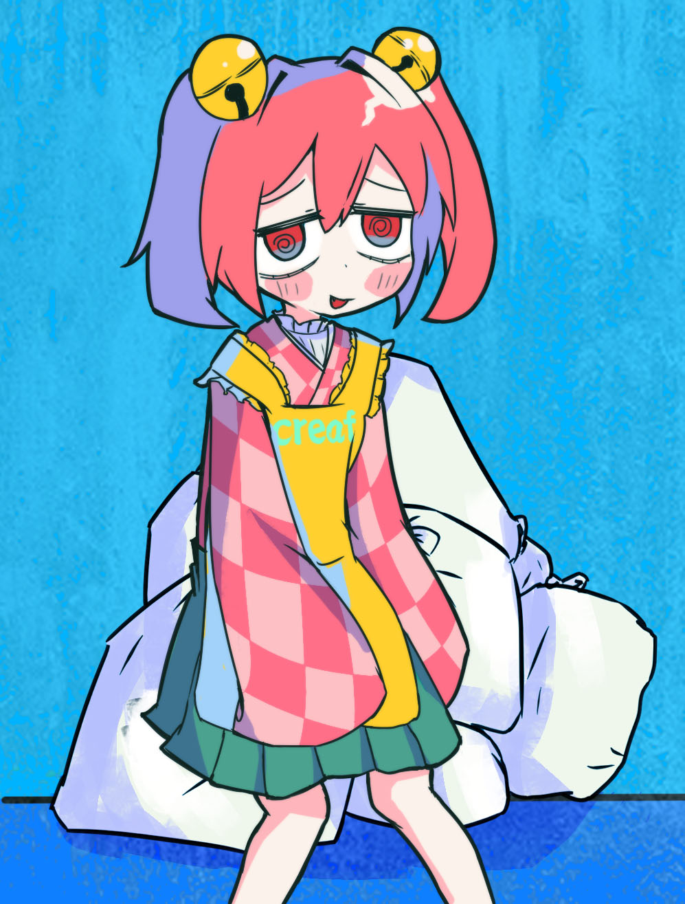1girl, @_@, apron, bell, blue_background, blush, character_name, checkered_clothes