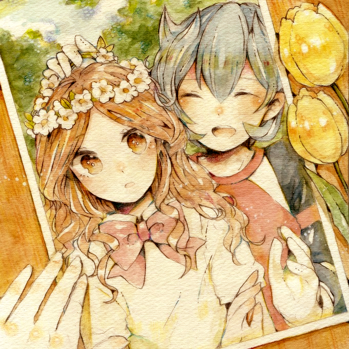 blue_hair, brown_eyes, brown_hair, flower, head_wreath, ichiko_(hanakasu), inazuma_eleven, inazuma_eleven_(series)