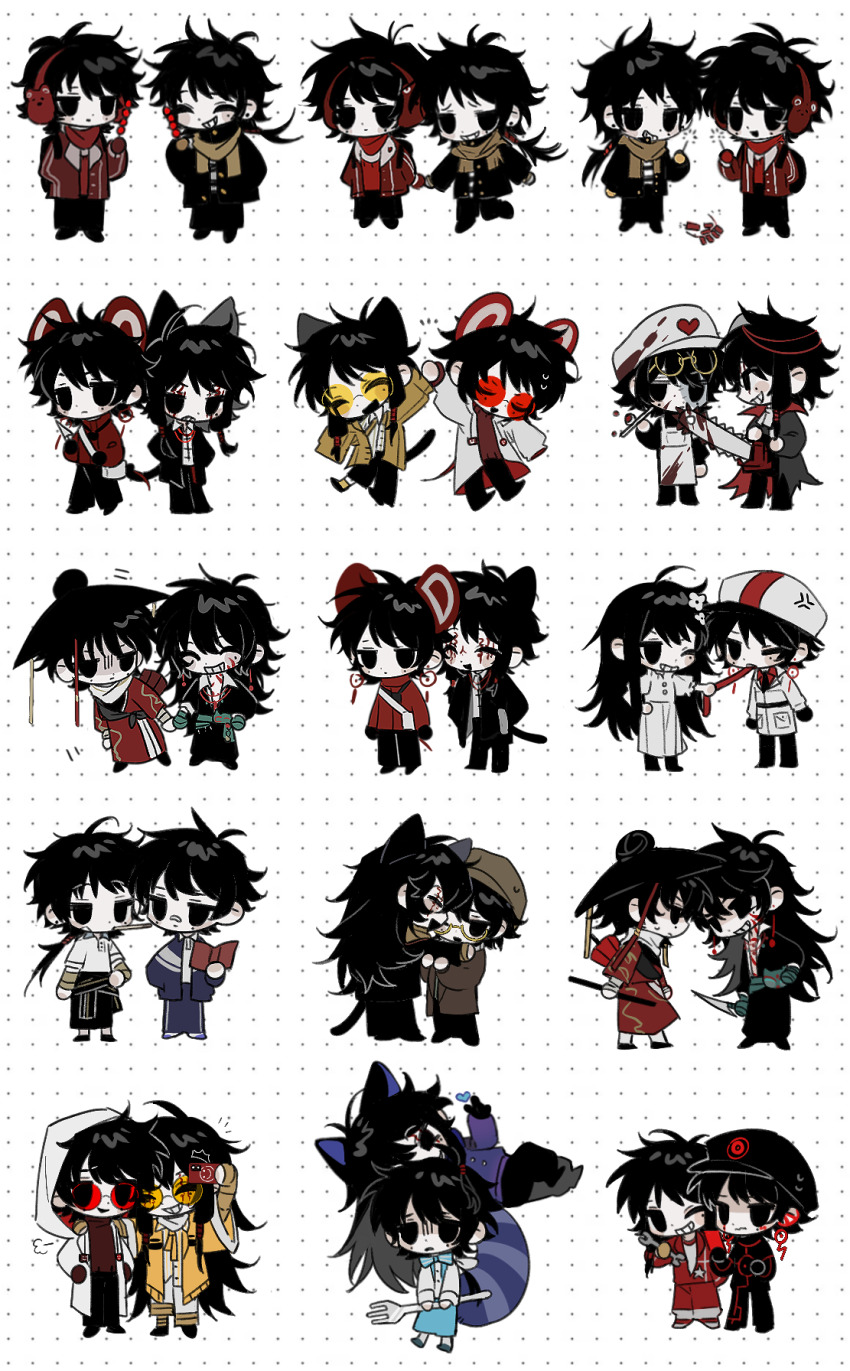 5boys, ahoge, animal_earmuffs, animal_ears, apron, bag, bai_yuan, black_coat, black_eyes, black_gloves, black_hair, black_hat, black_jacket, black_pants, black_shoes, blood, blood_on_clothes, bloody_weapon, blue_jacket, blue_pants, blush_stickers, brown_coat, brown_hat, camera, cat_boy, cat_ears, cat_tail, cen_boyao, chainsaw, chibi, chibi_only, chinese_clothes, chinese_commentary, clenched_teeth, closed_eyes, closed_mouth, coat, collared_shirt, colored_skin, commentary_request, crossdressing, crossdressing_(mtf), dress, earmuffs, earrings, expressionless, facepaint, flower, frown, glasses, gloves, grey_bag, grey_coat, grey_dress, grey_hat, grey_shirt, grin, hair_flower, hair_ornament, hand_on_own_hip, hanfu, hat, heart, high_five, highres, holding, holding_camera, holding_chainsaw, holding_hands, holding_knife, huayangshan_jishi, jacket, jewelry, jitome, kemonomimi_mode, knife, li_yuting_(male), long_hair, long_sleeves, male_focus, mole, mole_under_each_eye, mole_under_eye, mouse_ears, mouse_tail, multiple_boys, multiple_moles, multiple_views, nuobeiyhengaoxingrenshini, official_alternate_costume, one_eye_closed, open_clothes, open_jacket, open_mouth, pants, pulling_tongue, red-tinted_eyewear, red_gloves, red_hanfu, red_jacket, red_pants, red_scarf, red_sweater, round_eyewear, scarf, semi-rimless_eyewear, shirt, shoes, short_hair, short_hair_with_long_locks, shoulder_bag, simple_background, smile, sweat, sweater, tail, teeth, tinted_eyewear, touqi_guaitan, trap, two-sided_coat, two-sided_fabric, weapon, white_apron, white_background, white_shirt, white_skin, yellow-framed_eyewear, yellow-tinted_eyewear, yellow_gloves, yellow_jacket, zhao_yuwen, ziche_fuzhao