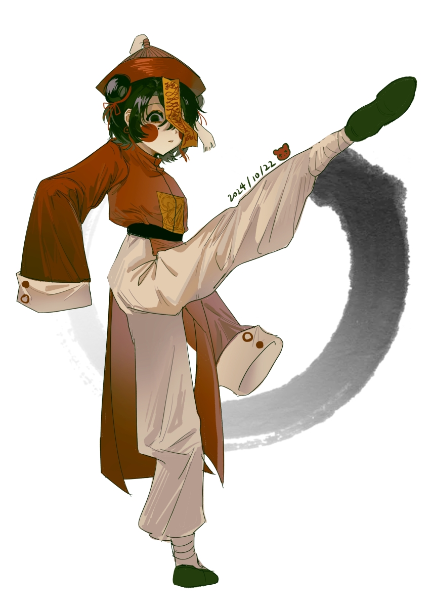 1girl, absurdres, bandaged_leg, bandages, black_eyes, black_hair, blush_stickers, chinese_commentary