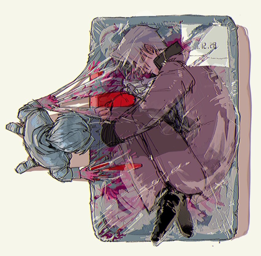 2boys, ace_attorney, aged_down, ascot, black_footwear, blood, child, dual_persona