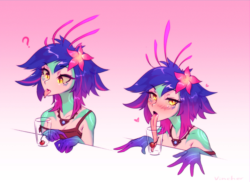 ?, cherry, food, fruit, league_of_legends, long_tongue, neeko_(league_of_legends), tongue, tongue_out, vincher_art