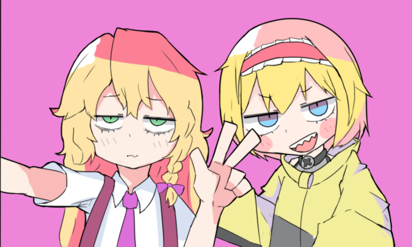 2girls, alice_margatroid, bags_under_eyes, blonde_hair, blue_eyes, blush, bow, braid